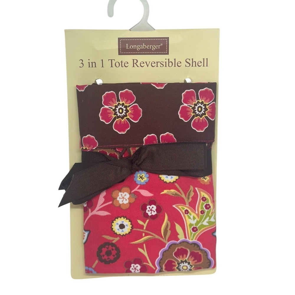 NEW Longaberger 3-in-1 Reversible Tote Shell Pink Floral Bag Brown Bow Accessory